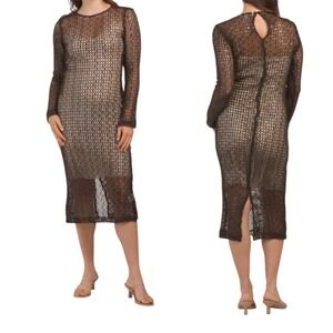 New Walter Baker Women's Coco Brown  Crochet Sequin Sheer Sheath Maxi Dress Sz M